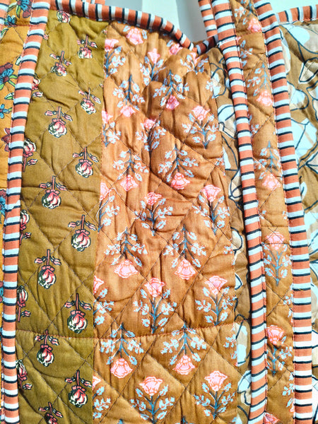 Quilted cotton handprinted reversible large floral patch work stripe tote bag eco friendly Sturdy Grocery Shopping Artist Boho - 43