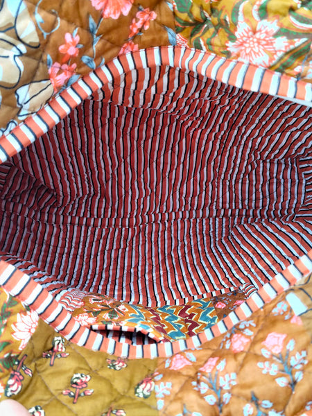 Quilted cotton handprinted reversible large floral patch work stripe tote bag eco friendly Sturdy Grocery Shopping Artist Boho - 43