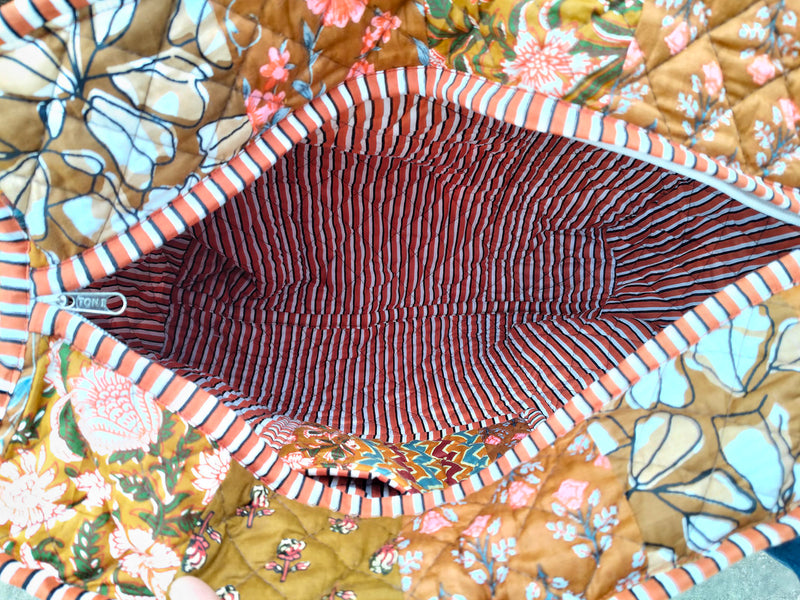 Quilted cotton handprinted reversible large floral patch work stripe tote bag eco friendly Sturdy Grocery Shopping Artist Boho - 43