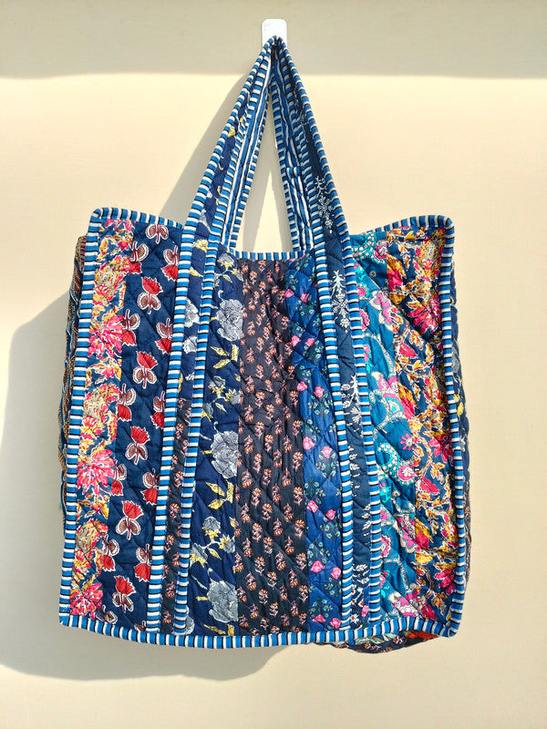 Quilted cotton handprinted reversible large floral patch work stripe tote bag eco friendly Sturdy Grocery Shopping Artist Boho - 42