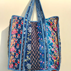 Quilted cotton handprinted reversible large floral patch work stripe tote bag eco friendly Sturdy Grocery Shopping Artist Boho - 42