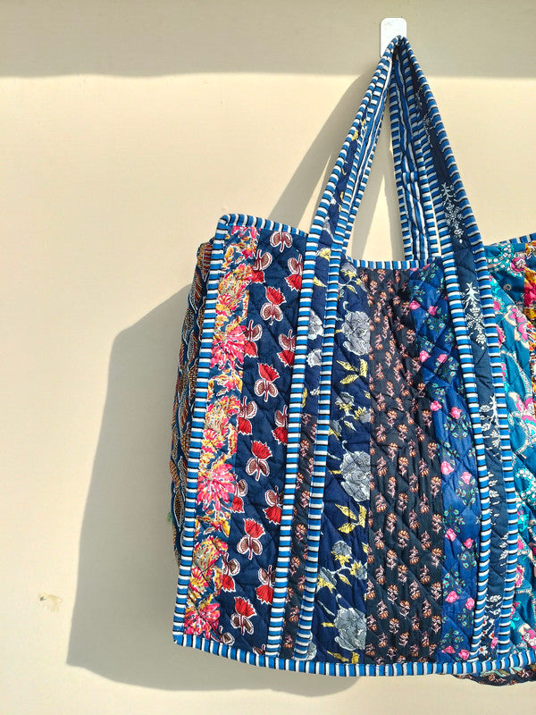 Quilted cotton handprinted reversible large floral patch work stripe tote bag eco friendly Sturdy Grocery Shopping Artist Boho - 42