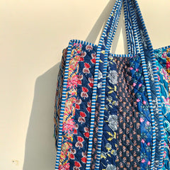 Quilted cotton handprinted reversible large floral patch work stripe tote bag eco friendly Sturdy Grocery Shopping Artist Boho - 42