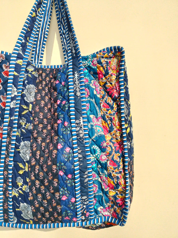 Quilted cotton handprinted reversible large floral patch work stripe tote bag eco friendly Sturdy Grocery Shopping Artist Boho - 42