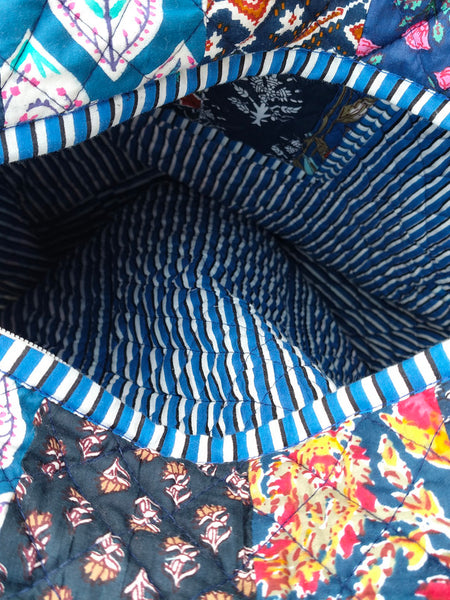 Quilted cotton handprinted reversible large floral patch work stripe tote bag eco friendly Sturdy Grocery Shopping Artist Boho - 42