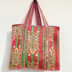 Quilted cotton handprinted reversible large floral patch work stripe tote bag eco friendly Sturdy Grocery Shopping Artist Boho - 41