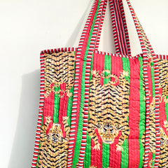 Quilted cotton handprinted reversible large floral patch work stripe tote bag eco friendly Sturdy Grocery Shopping Artist Boho - 41