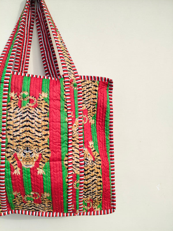 Quilted cotton handprinted reversible large floral patch work stripe tote bag eco friendly Sturdy Grocery Shopping Artist Boho - 41