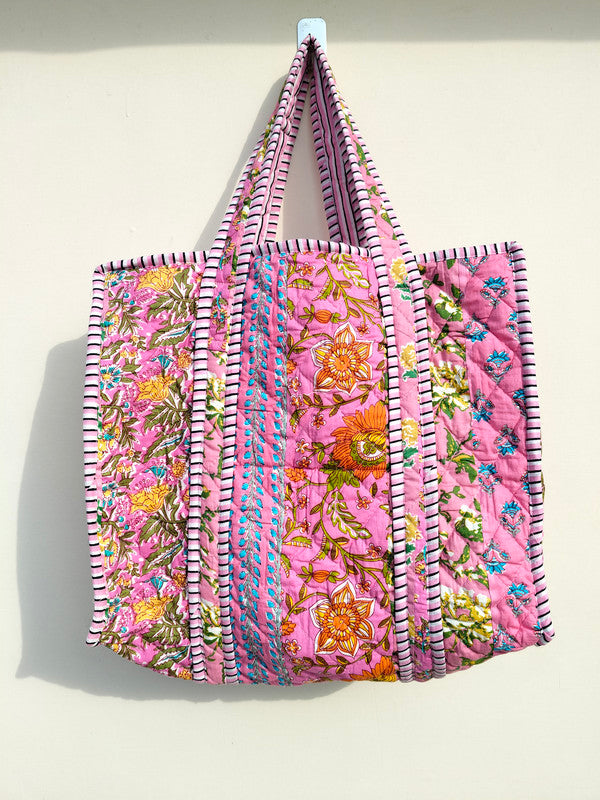 Quilted cotton handprinted reversible large floral patch work stripe tote bag eco friendly Sturdy Grocery Shopping Artist Boho - 40