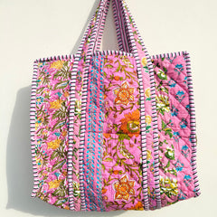 Quilted cotton handprinted reversible large floral patch work stripe tote bag eco friendly Sturdy Grocery Shopping Artist Boho - 40