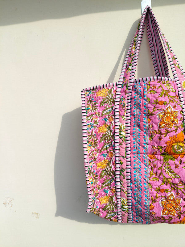 Quilted cotton handprinted reversible large floral patch work stripe tote bag eco friendly Sturdy Grocery Shopping Artist Boho - 40