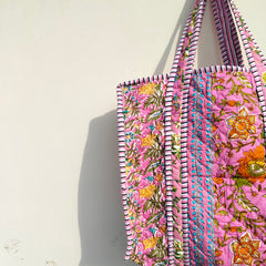 Quilted cotton handprinted reversible large floral patch work stripe tote bag eco friendly Sturdy Grocery Shopping Artist Boho - 40
