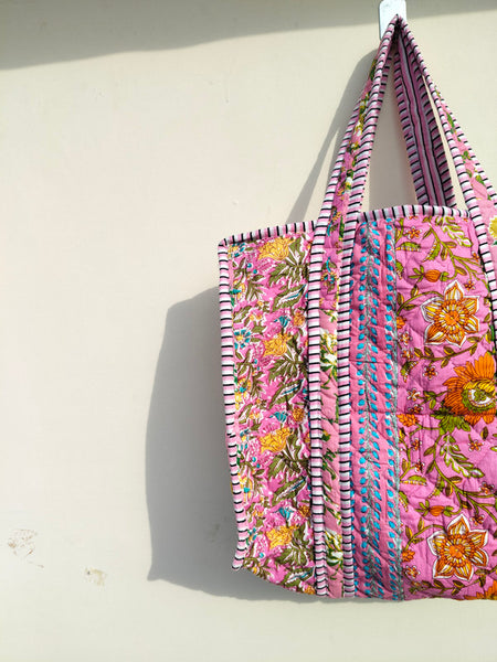 Quilted cotton handprinted reversible large floral patch work stripe tote bag eco friendly Sturdy Grocery Shopping Artist Boho - 40