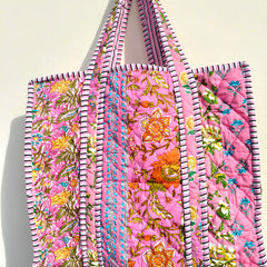 Quilted cotton handprinted reversible large floral patch work stripe tote bag eco friendly Sturdy Grocery Shopping Artist Boho - 40