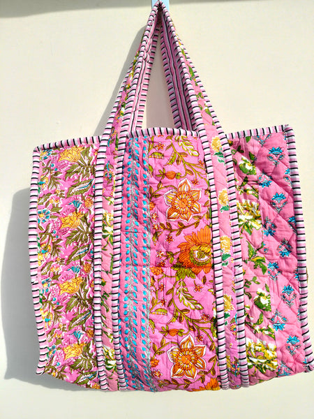 Quilted cotton handprinted reversible large floral patch work stripe tote bag eco friendly Sturdy Grocery Shopping Artist Boho - 40
