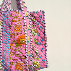 Quilted cotton handprinted reversible large floral patch work stripe tote bag eco friendly Sturdy Grocery Shopping Artist Boho - 40