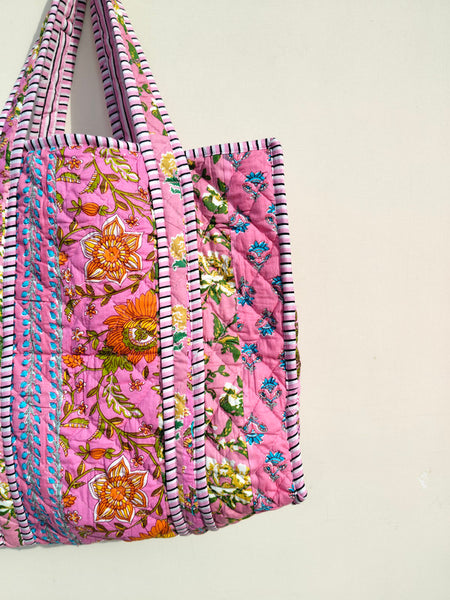 Quilted cotton handprinted reversible large floral patch work stripe tote bag eco friendly Sturdy Grocery Shopping Artist Boho - 40