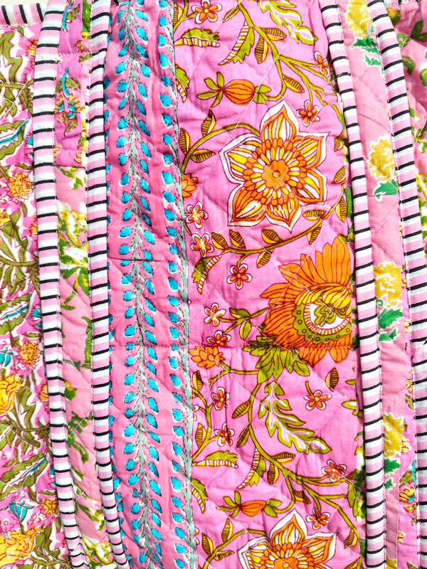 Quilted cotton handprinted reversible large floral patch work stripe tote bag eco friendly Sturdy Grocery Shopping Artist Boho - 40