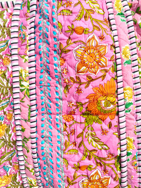 Quilted cotton handprinted reversible large floral patch work stripe tote bag eco friendly Sturdy Grocery Shopping Artist Boho - 40