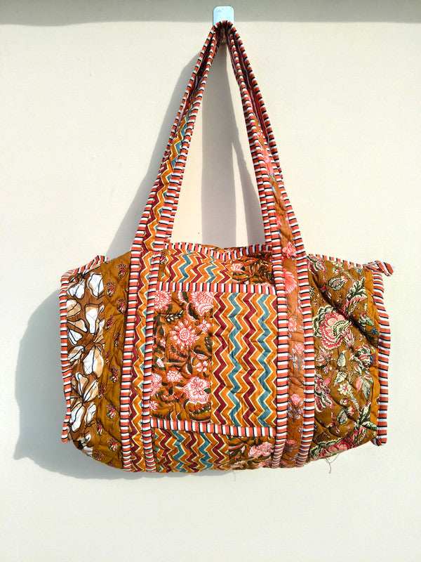 Quilted Duffle Tote Shoulder Patch Bag Cotton Handprint Floral Eco friendly Sustainable bag, Yoga Shopping Beach Artist Boho Weekend bag - 4