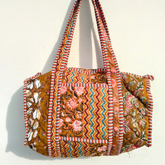 Quilted Duffle Tote Shoulder Patch Bag Cotton Handprint Floral Eco friendly Sustainable bag, Yoga Shopping Beach Artist Boho Weekend bag - 4