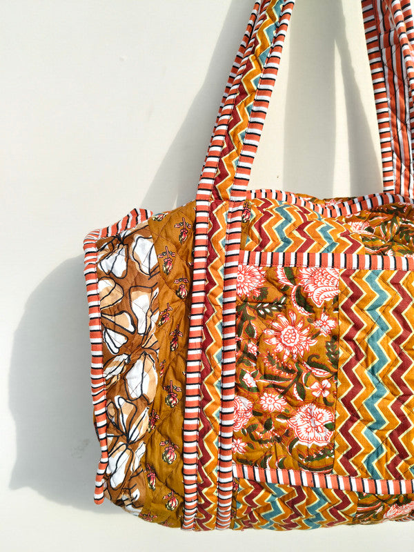 Quilted Duffle Tote Shoulder Patch Bag Cotton Handprint Floral Eco friendly Sustainable bag, Yoga Shopping Beach Artist Boho Weekend bag - 4