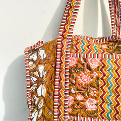 Quilted Duffle Tote Shoulder Patch Bag Cotton Handprint Floral Eco friendly Sustainable bag, Yoga Shopping Beach Artist Boho Weekend bag - 4