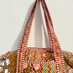 Quilted Duffle Tote Shoulder Patch Bag Cotton Handprint Floral Eco friendly Sustainable bag, Yoga Shopping Beach Artist Boho Weekend bag - 4