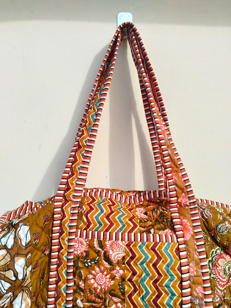 Quilted Duffle Tote Shoulder Patch Bag Cotton Handprint Floral Eco friendly Sustainable bag, Yoga Shopping Beach Artist Boho Weekend bag - 4