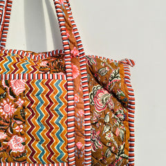 Quilted Duffle Tote Shoulder Patch Bag Cotton Handprint Floral Eco friendly Sustainable bag, Yoga Shopping Beach Artist Boho Weekend bag - 4