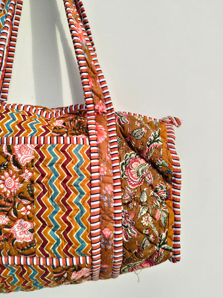 Quilted Duffle Tote Shoulder Patch Bag Cotton Handprint Floral Eco friendly Sustainable bag, Yoga Shopping Beach Artist Boho Weekend bag - 4