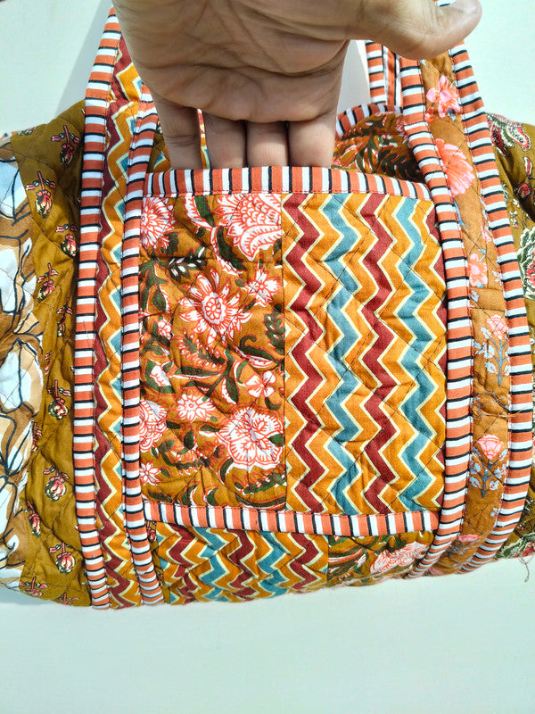 Quilted Duffle Tote Shoulder Patch Bag Cotton Handprint Floral Eco friendly Sustainable bag, Yoga Shopping Beach Artist Boho Weekend bag - 4