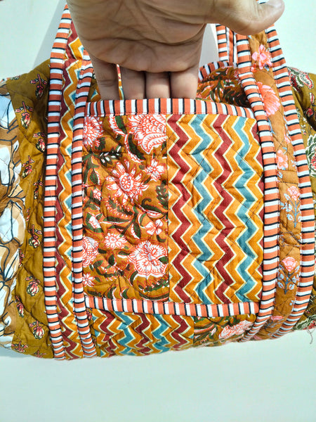 Quilted Duffle Tote Shoulder Patch Bag Cotton Handprint Floral Eco friendly Sustainable bag, Yoga Shopping Beach Artist Boho Weekend bag - 4