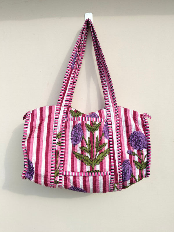 Quilted Duffle Tote Shoulder Patch Bag Cotton Handprint Floral Eco friendly Sustainable bag, Yoga Shopping Beach Artist Boho Weekend bag - 3