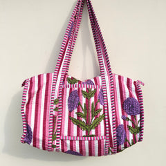 Quilted Duffle Tote Shoulder Patch Bag Cotton Handprint Floral Eco friendly Sustainable bag, Yoga Shopping Beach Artist Boho Weekend bag - 3