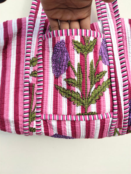 Quilted Duffle Tote Shoulder Patch Bag Cotton Handprint Floral Eco friendly Sustainable bag, Yoga Shopping Beach Artist Boho Weekend bag - 3