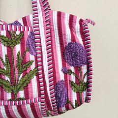 Quilted Duffle Tote Shoulder Patch Bag Cotton Handprint Floral Eco friendly Sustainable bag, Yoga Shopping Beach Artist Boho Weekend bag - 3