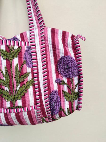 Quilted Duffle Tote Shoulder Patch Bag Cotton Handprint Floral Eco friendly Sustainable bag, Yoga Shopping Beach Artist Boho Weekend bag - 3