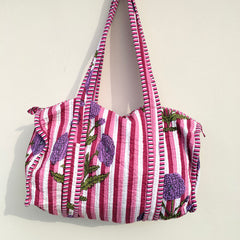 Quilted Duffle Tote Shoulder Patch Bag Cotton Handprint Floral Eco friendly Sustainable bag, Yoga Shopping Beach Artist Boho Weekend bag - 3