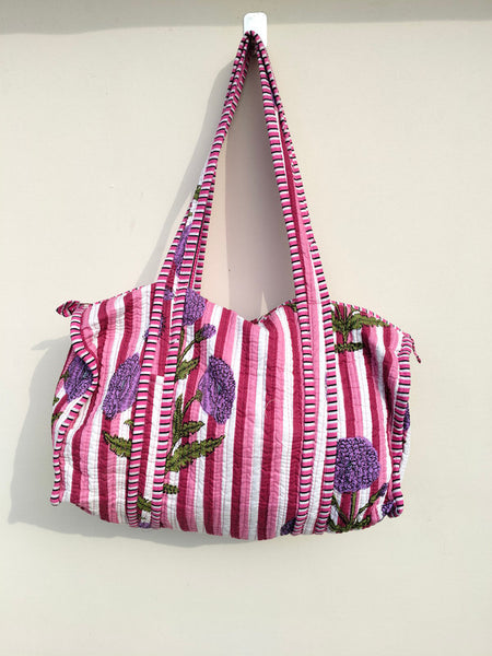 Quilted Duffle Tote Shoulder Patch Bag Cotton Handprint Floral Eco friendly Sustainable bag, Yoga Shopping Beach Artist Boho Weekend bag - 3