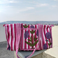 Quilted Duffle Tote Shoulder Patch Bag Cotton Handprint Floral Eco friendly Sustainable bag, Yoga Shopping Beach Artist Boho Weekend bag - 3