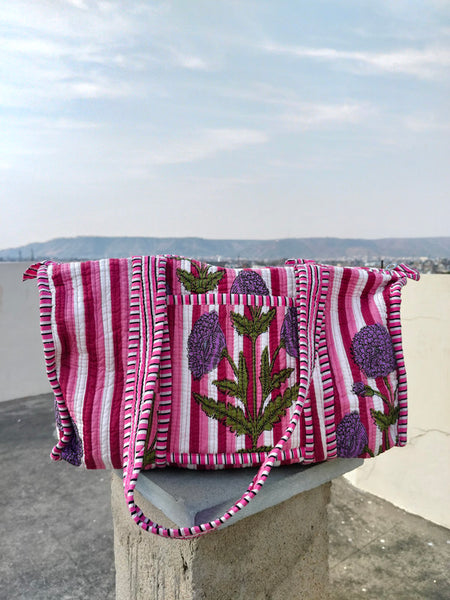 Quilted Duffle Tote Shoulder Patch Bag Cotton Handprint Floral Eco friendly Sustainable bag, Yoga Shopping Beach Artist Boho Weekend bag - 3