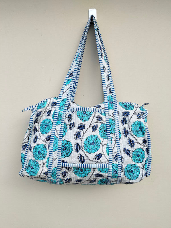 Quilted Duffle Tote Shoulder Patch Bag Cotton Handprint Floral Eco friendly Sustainable bag, Yoga Shopping Beach Artist Boho Weekend bag - 2