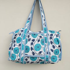 Quilted Duffle Tote Shoulder Patch Bag Cotton Handprint Floral Eco friendly Sustainable bag, Yoga Shopping Beach Artist Boho Weekend bag - 2