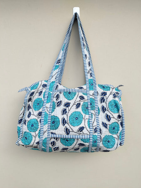 Quilted Duffle Tote Shoulder Patch Bag Cotton Handprint Floral Eco friendly Sustainable bag, Yoga Shopping Beach Artist Boho Weekend bag - 2