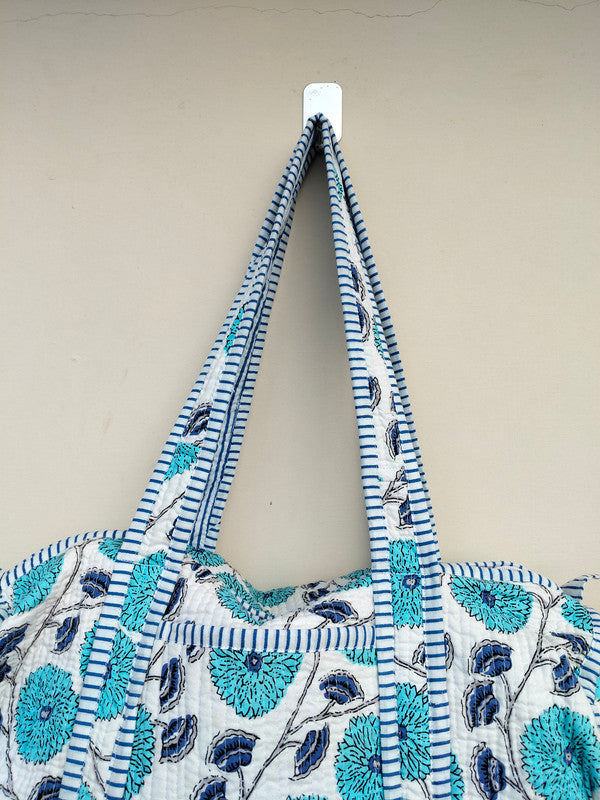 Quilted Duffle Tote Shoulder Patch Bag Cotton Handprint Floral Eco friendly Sustainable bag, Yoga Shopping Beach Artist Boho Weekend bag - 2