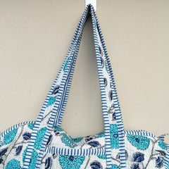 Quilted Duffle Tote Shoulder Patch Bag Cotton Handprint Floral Eco friendly Sustainable bag, Yoga Shopping Beach Artist Boho Weekend bag - 2