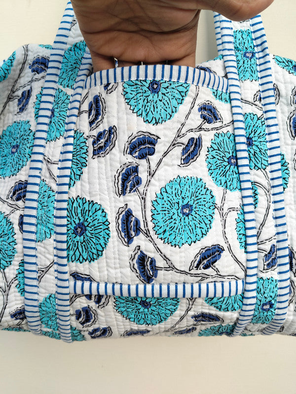 Quilted Duffle Tote Shoulder Patch Bag Cotton Handprint Floral Eco friendly Sustainable bag, Yoga Shopping Beach Artist Boho Weekend bag - 2