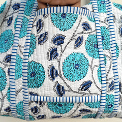 Quilted Duffle Tote Shoulder Patch Bag Cotton Handprint Floral Eco friendly Sustainable bag, Yoga Shopping Beach Artist Boho Weekend bag - 2