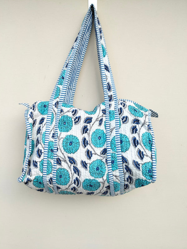 Quilted Duffle Tote Shoulder Patch Bag Cotton Handprint Floral Eco friendly Sustainable bag, Yoga Shopping Beach Artist Boho Weekend bag - 2